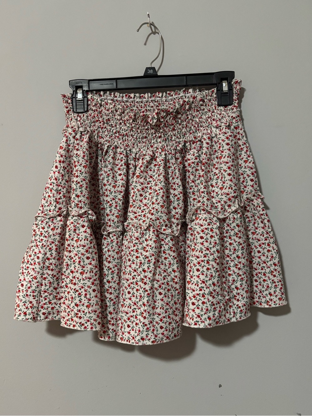 Smocked Floral Tiered Mini Skirt in White and Red